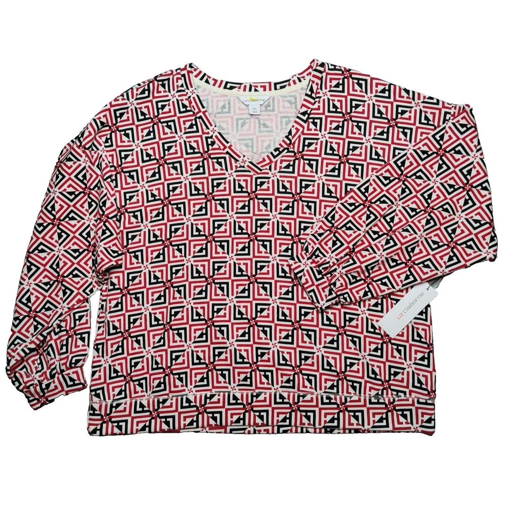 Liz Claiborne Women 2XL Red Black Geo Long Sleeve Pullover V-Neck‎ Top NEW